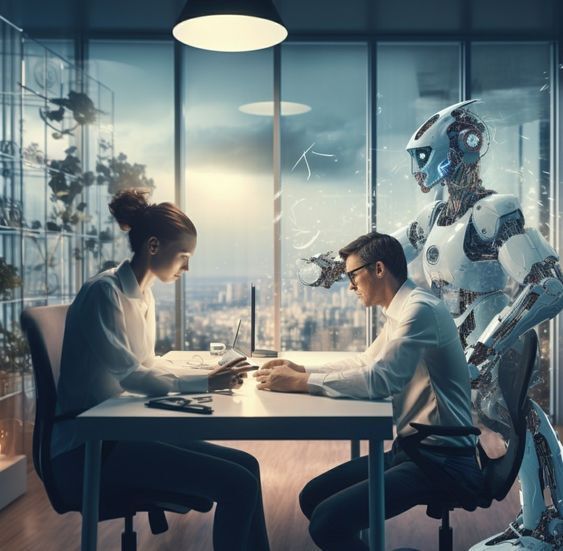 A futuristic office setting where two human colleagues are working at a desk, deeply engaged in a discussion, while a humanoid robot stands behind them, observing their work. The room features large windows with a cityscape view in the background and modern decor elements. The atmosphere is a blend of human interaction and advanced technology, symbolizing the integration of AI in the workplace.