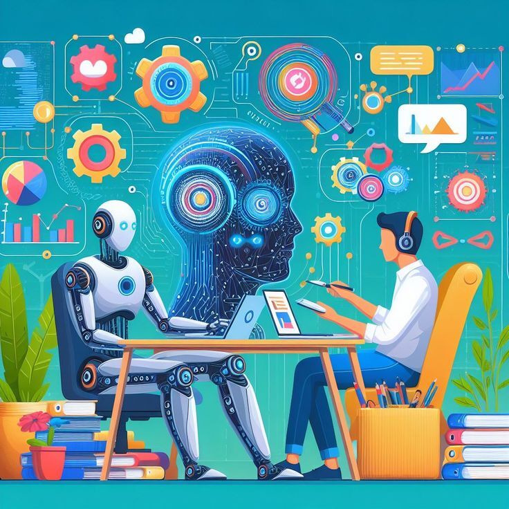 A human and a robot sitting across from each other at a desk, both working on laptops. The background features a large digital head with circuits, gears, and data charts, symbolizing the integration of AI and human collaboration in technology and data analysis