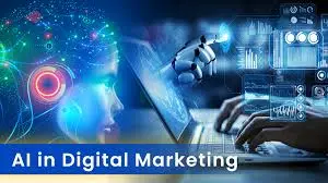 Graphic representation of AI in digital marketing featuring a blend of a human face with digital elements, a robotic arm, and a person typing on a laptop, highlighting the integration of artificial intelligence in marketing strategies.






