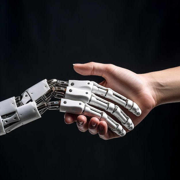 A human hand shaking hands with a robotic hand, symbolizing the partnership between humans and artificial intelligence